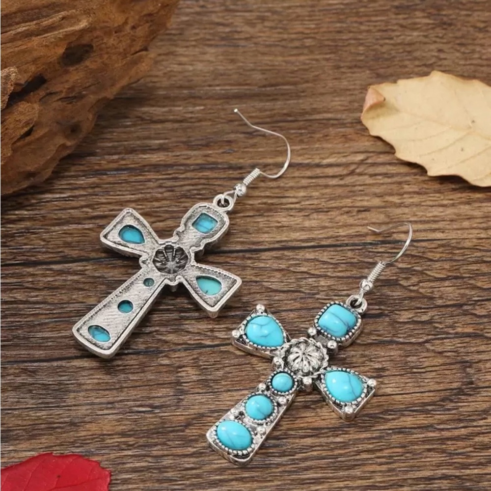 Turquoise Cross Dangle Earrings - Picture 4 of 4